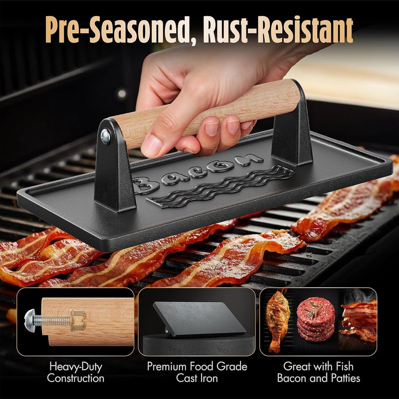 Pisol Bacon Press Smash Burger Press, Pre-Seasoned Cast Iron Hamburger, 2 lb Heavy-Duty Grill Bacon Meat Press Tool with Wood Handle - Image 3